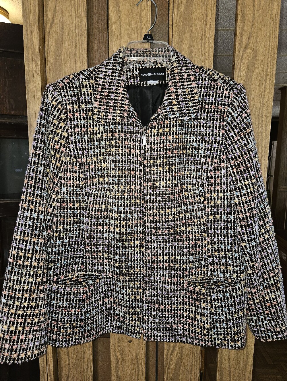 Sag Harbor Sz XL Black Multicolor Tweed Zip-Front Blazer